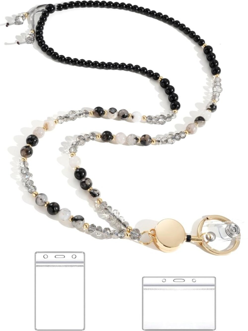 Lanyards for ID Badges and Keys,Natural Stone Beaded Teacher Lanyard for Women,R